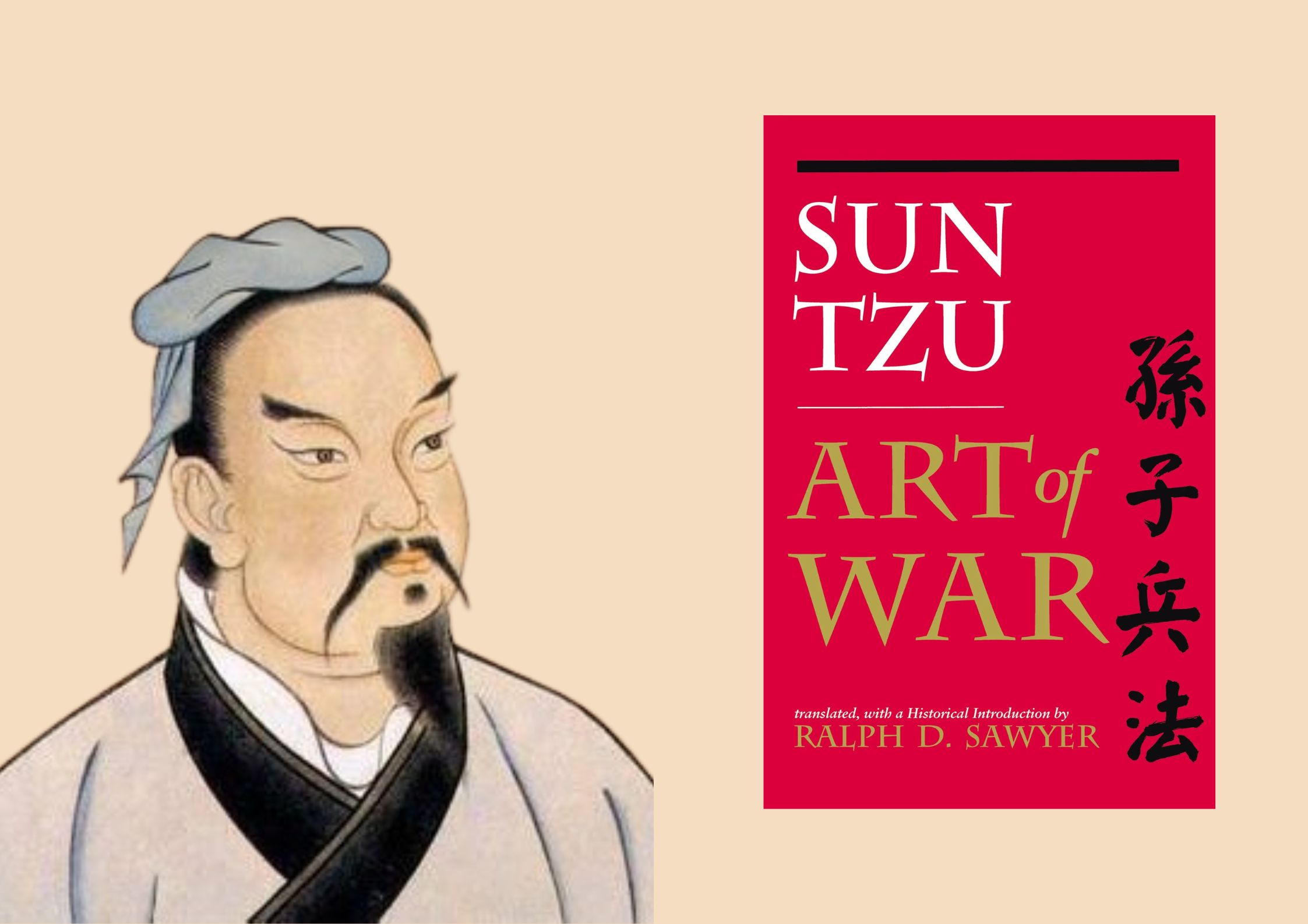 Illustration of Chinese military strategist Sun Tzu beside the book cover of The Art of War, referencing the philosophical and strategic foundations of China’s maritime approach in the South China Sea.