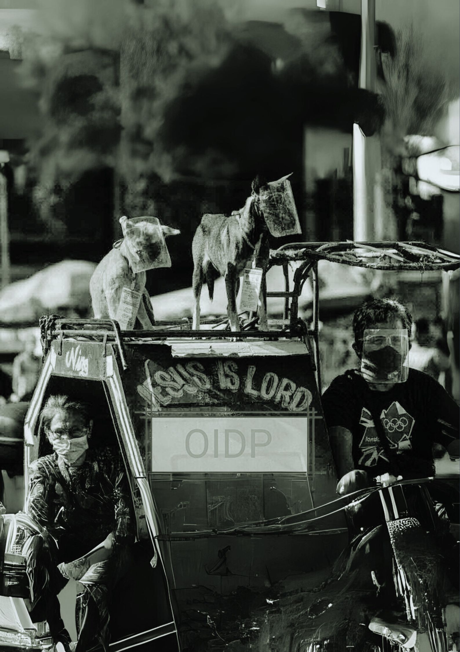Filipino tricycle drivers and their dogs wearing face shields during the COVID-19 pandemic, with a 'Jesus is Lord' sign displayed—capturing the intersection of faith, public compliance, and cultural expression in a time of crisis.