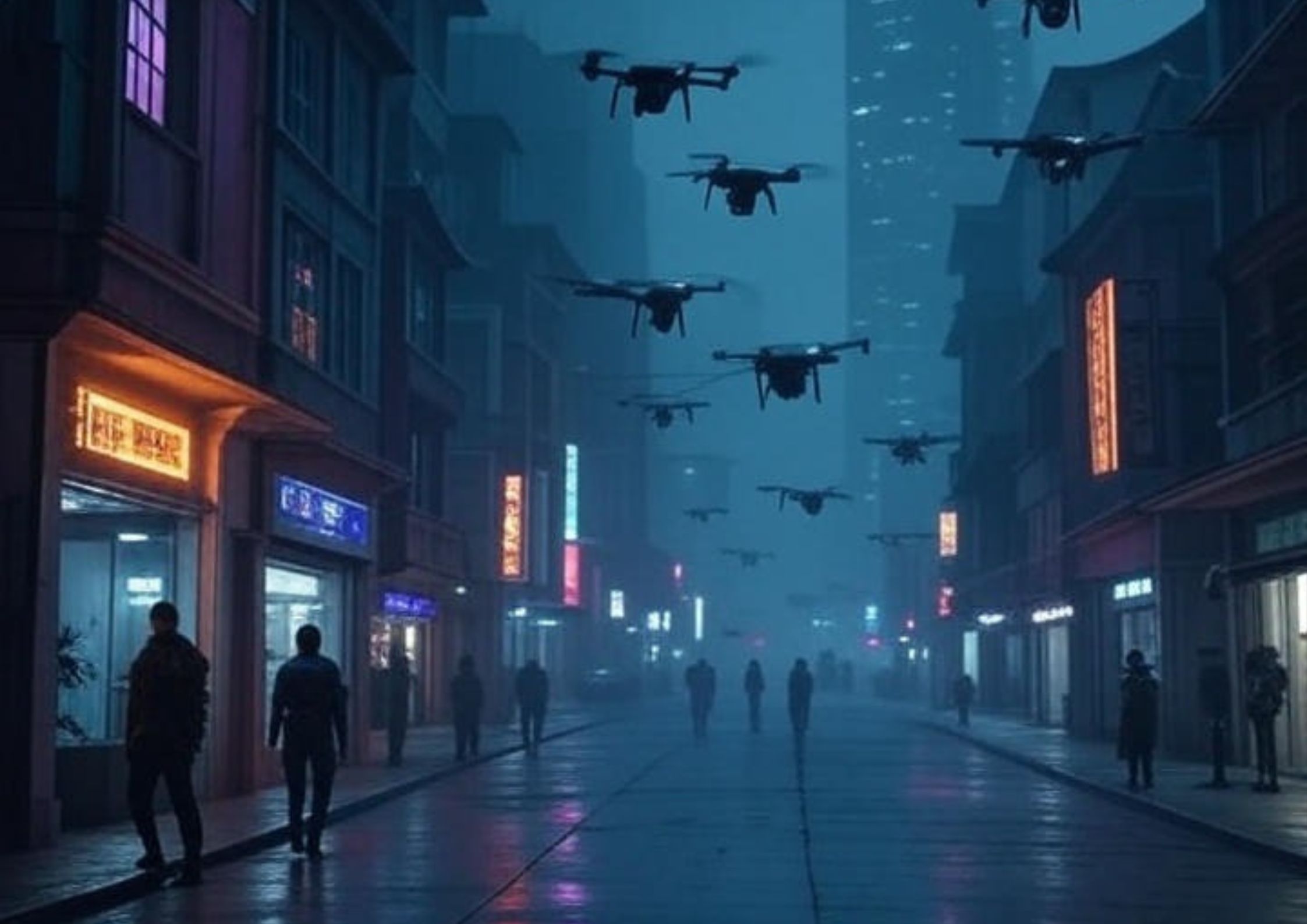 Dystopian city street at night with hovering surveillance drones and silhouetted pedestrians under neon-lit buildings