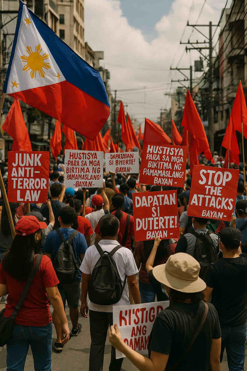Protesters marching in Manila holding red flags and placards demanding justice, accountability, and the junking of the anti-terror law—highlighting political unrest tied to the impeachment of Vice President Sara Duterte.