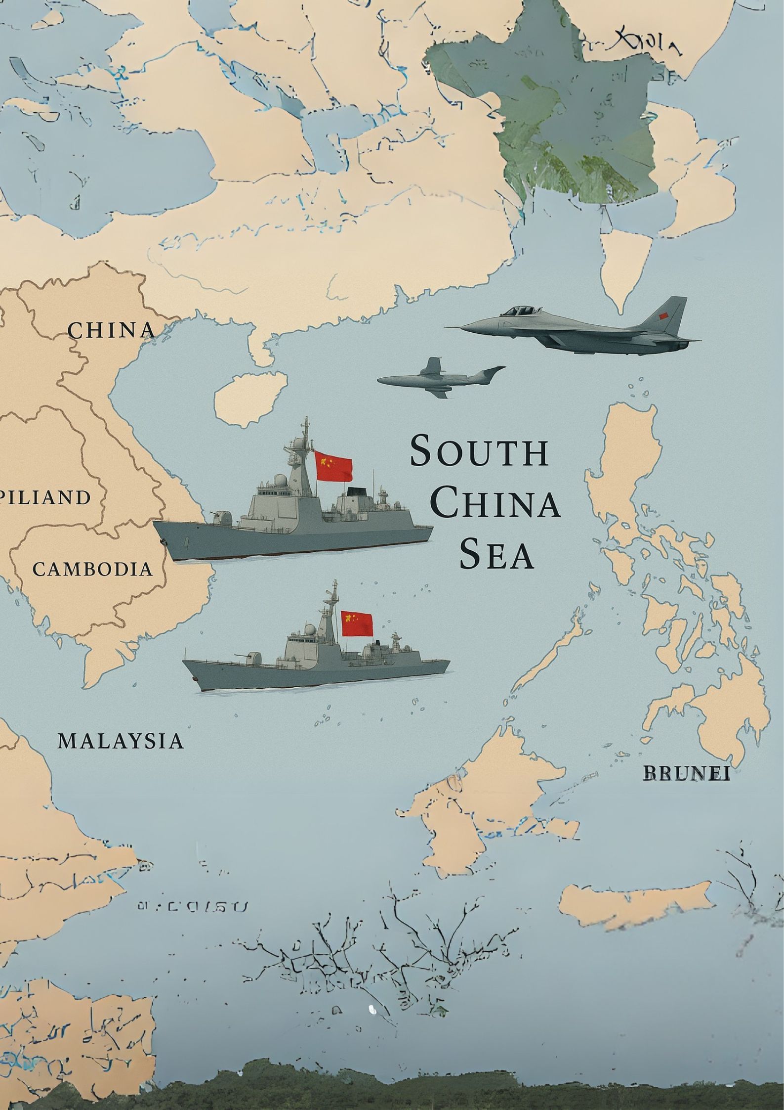 Illustrated map of the South China Sea showing Chinese warships and fighter jets, symbolizing rising military tensions and strategic posturing in contested waters involving China, the Philippines, and other Southeast Asian nations.